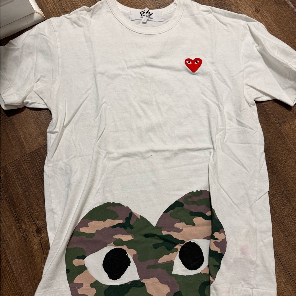 Comme des Garcons White and Green Tank Top with Camouflage Heart